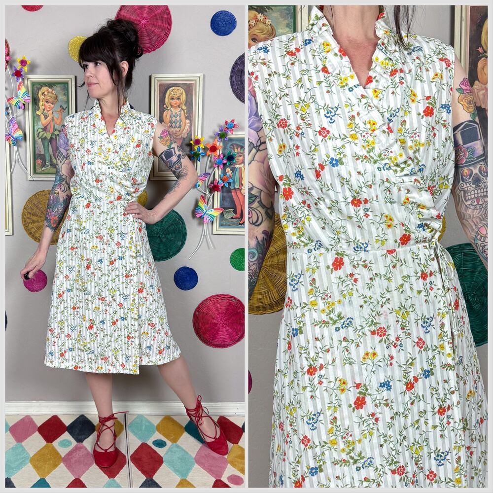 Vintage 1970s Creamy White Floral Sleeveless Cotton Wrap Dress